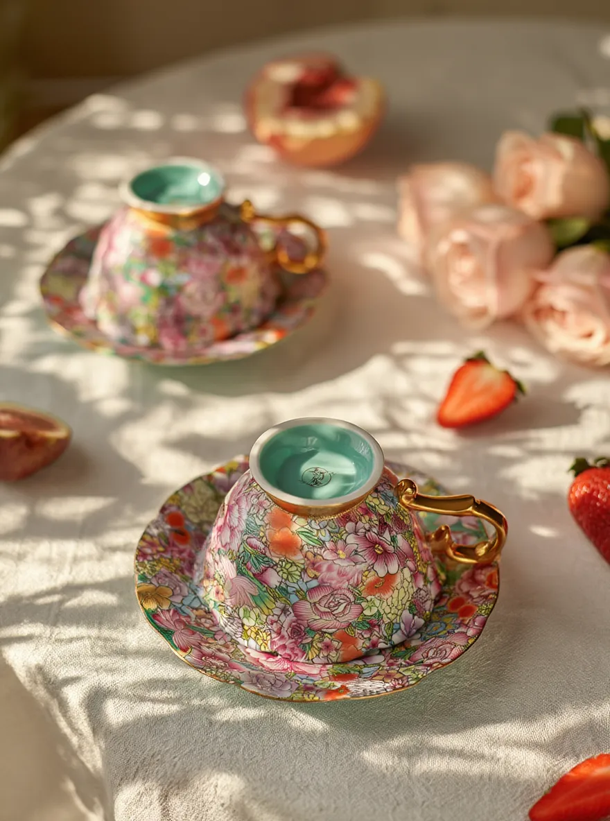 Imperial Falangcai Enamel Porcelain Teacup Pair Set