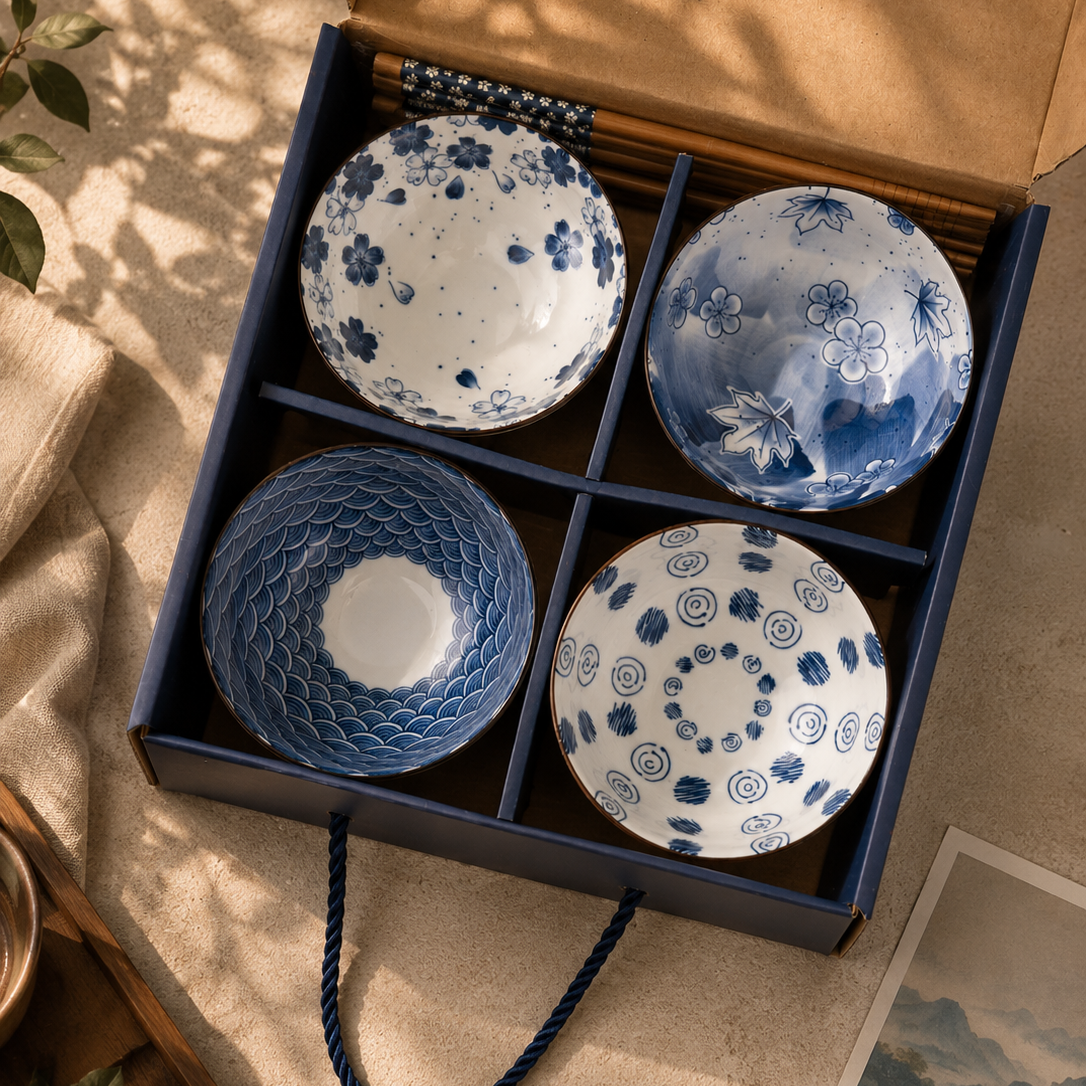Set of four blue and white ceramic bowls in a box on a beige surface with a plant in the corner.