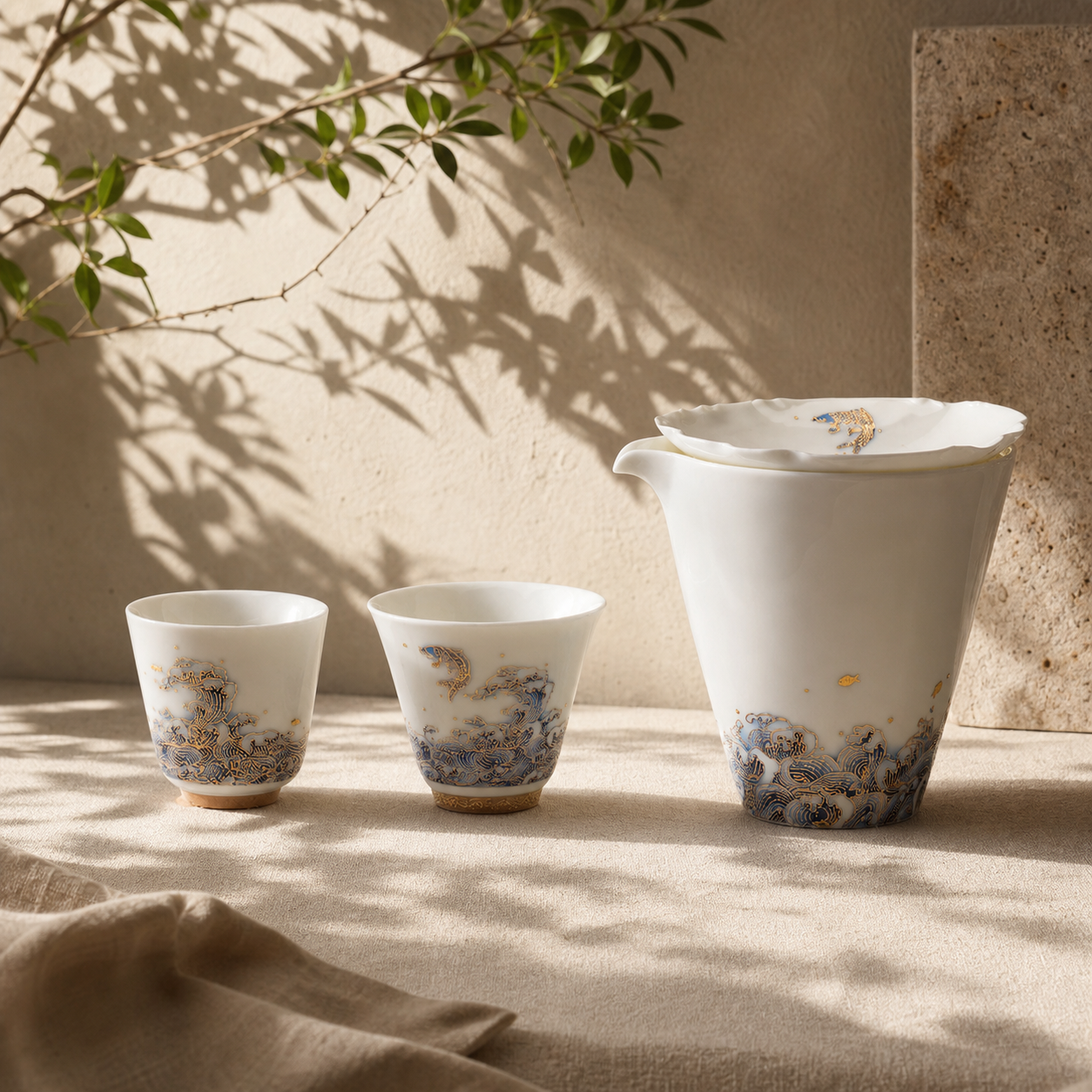 Celestial Ascent: Dragon’s Gate — Handcrafted Mutton-Jade Porcelain Kungfu Tea Set