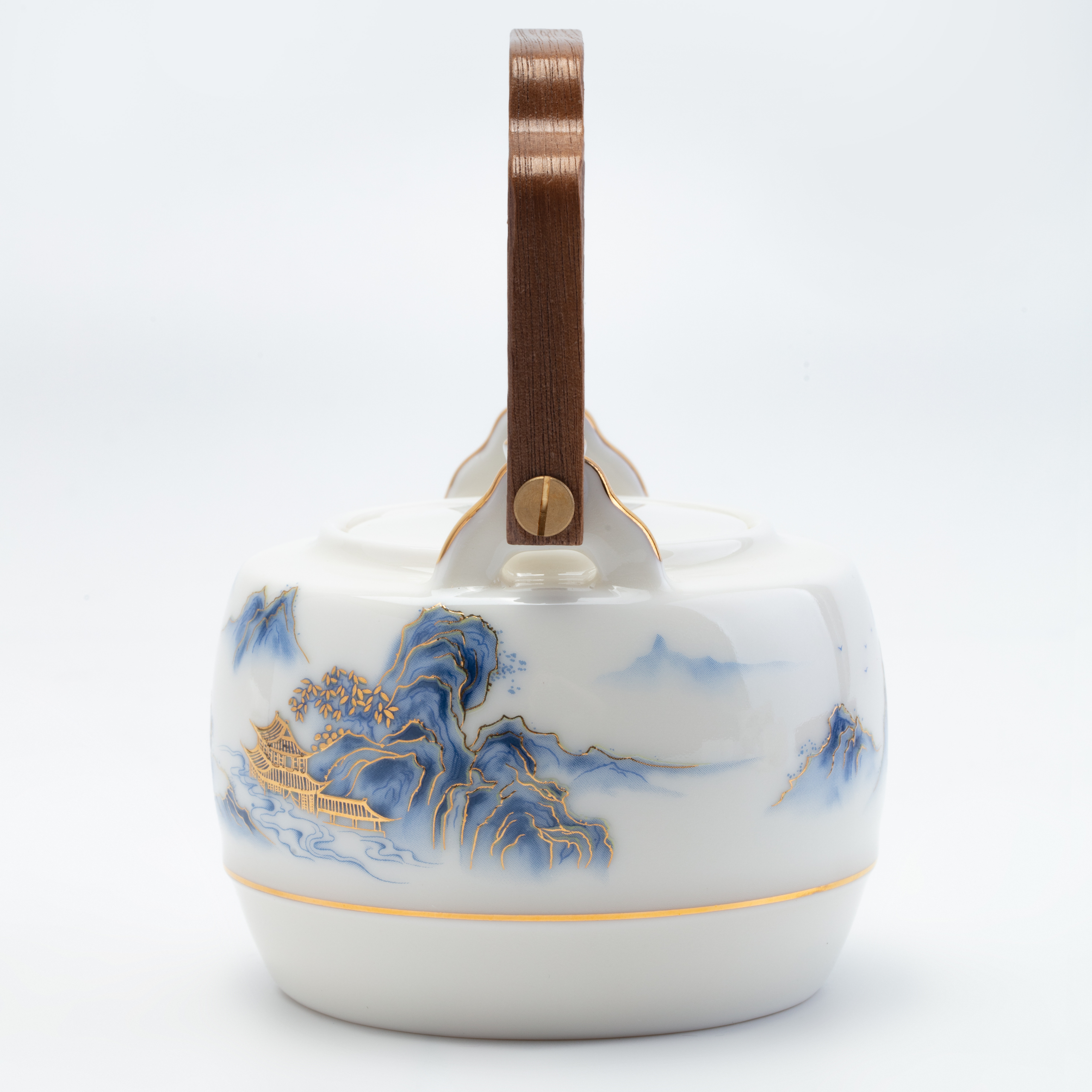 Decorative ceramic teapot with blue floral patterns and a brown handle on a light gray background