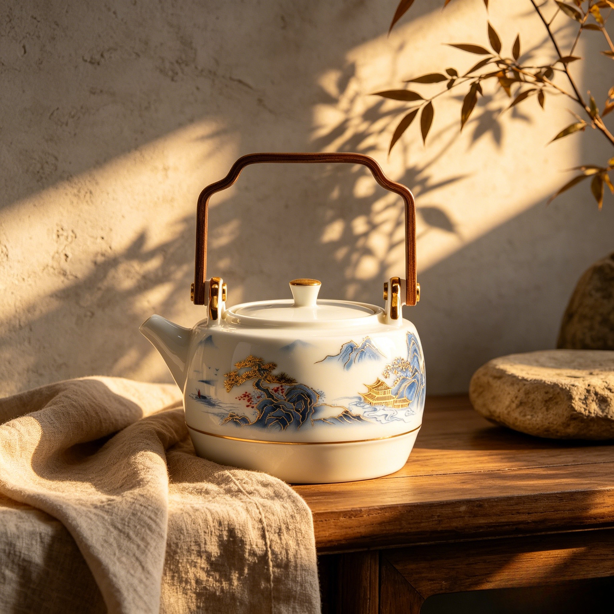 Decorative teapot with artistic design on a wooden surface with a soft background