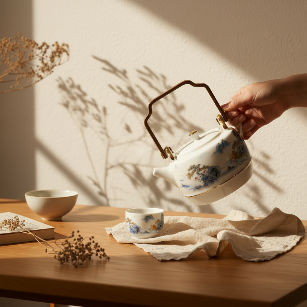 Imperial Spring Porcelain Wooden Handle Teapot Set