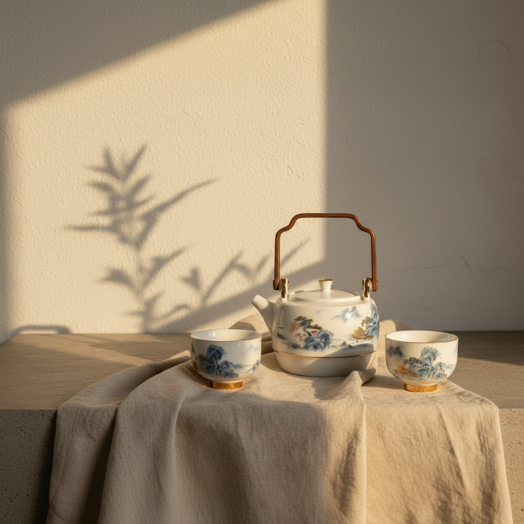 Imperial Spring Porcelain Wooden Handle Teapot Set