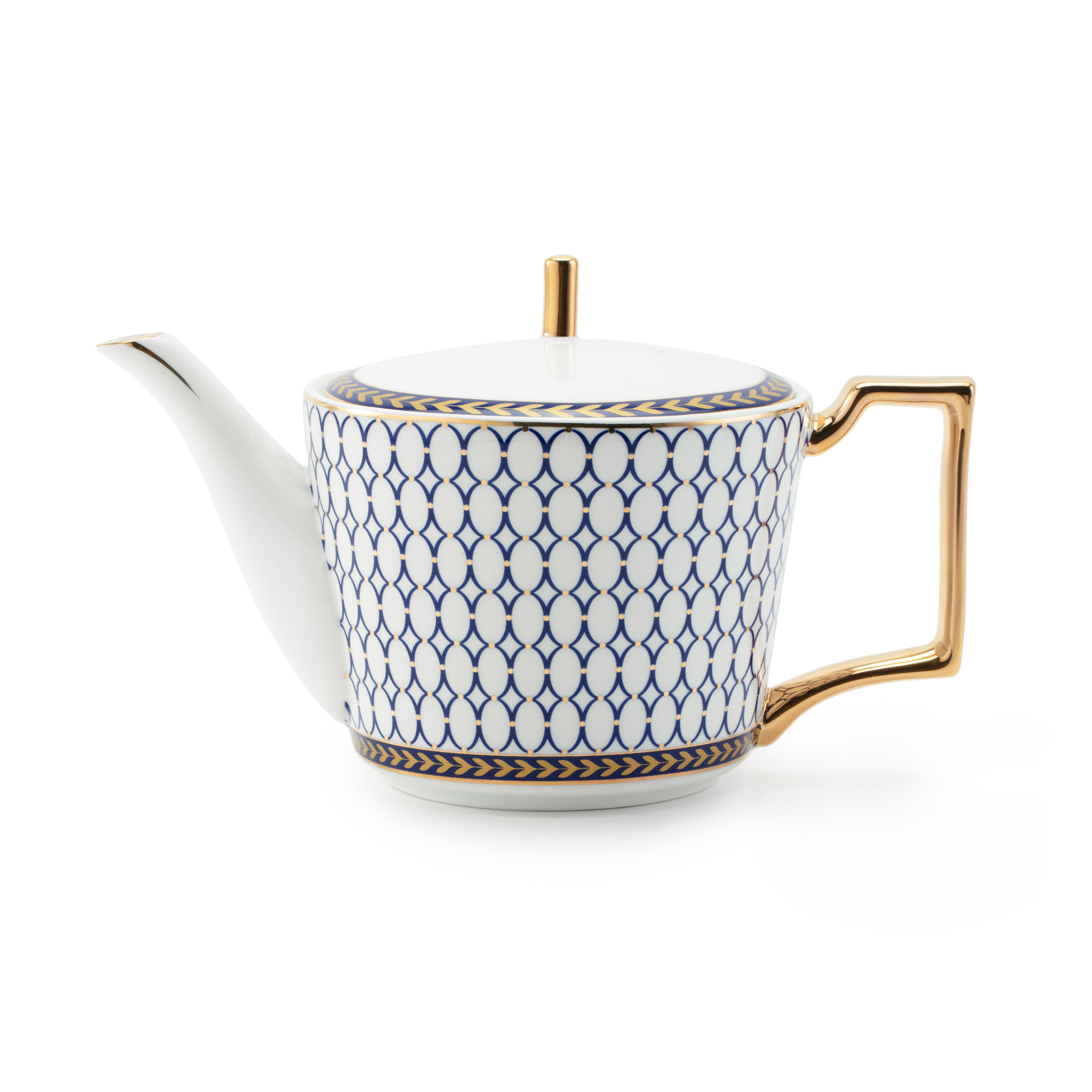 Teapot with blue geometric pattern and gold accents on a white background