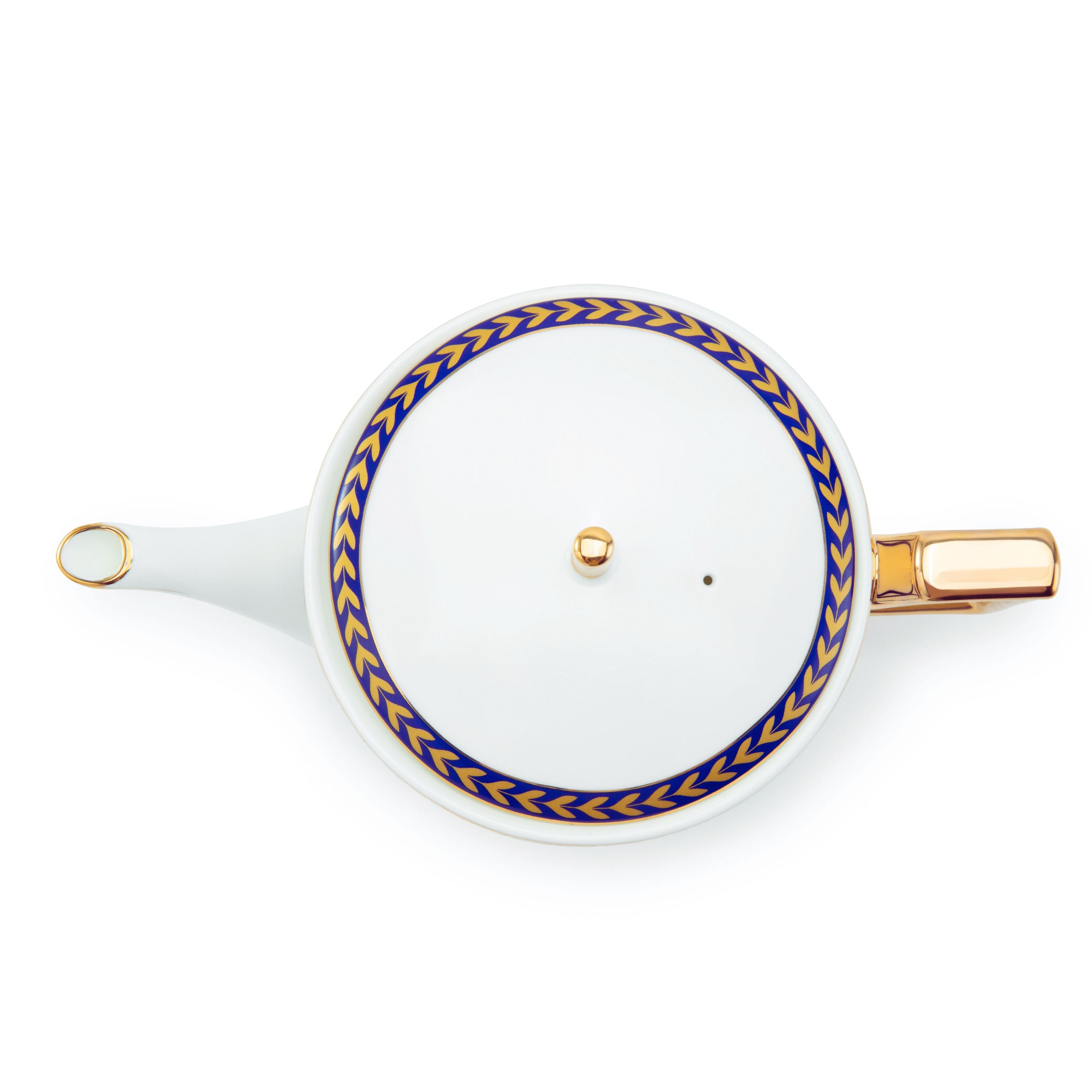 White teapot with blue decorative band and gold accents on a white background