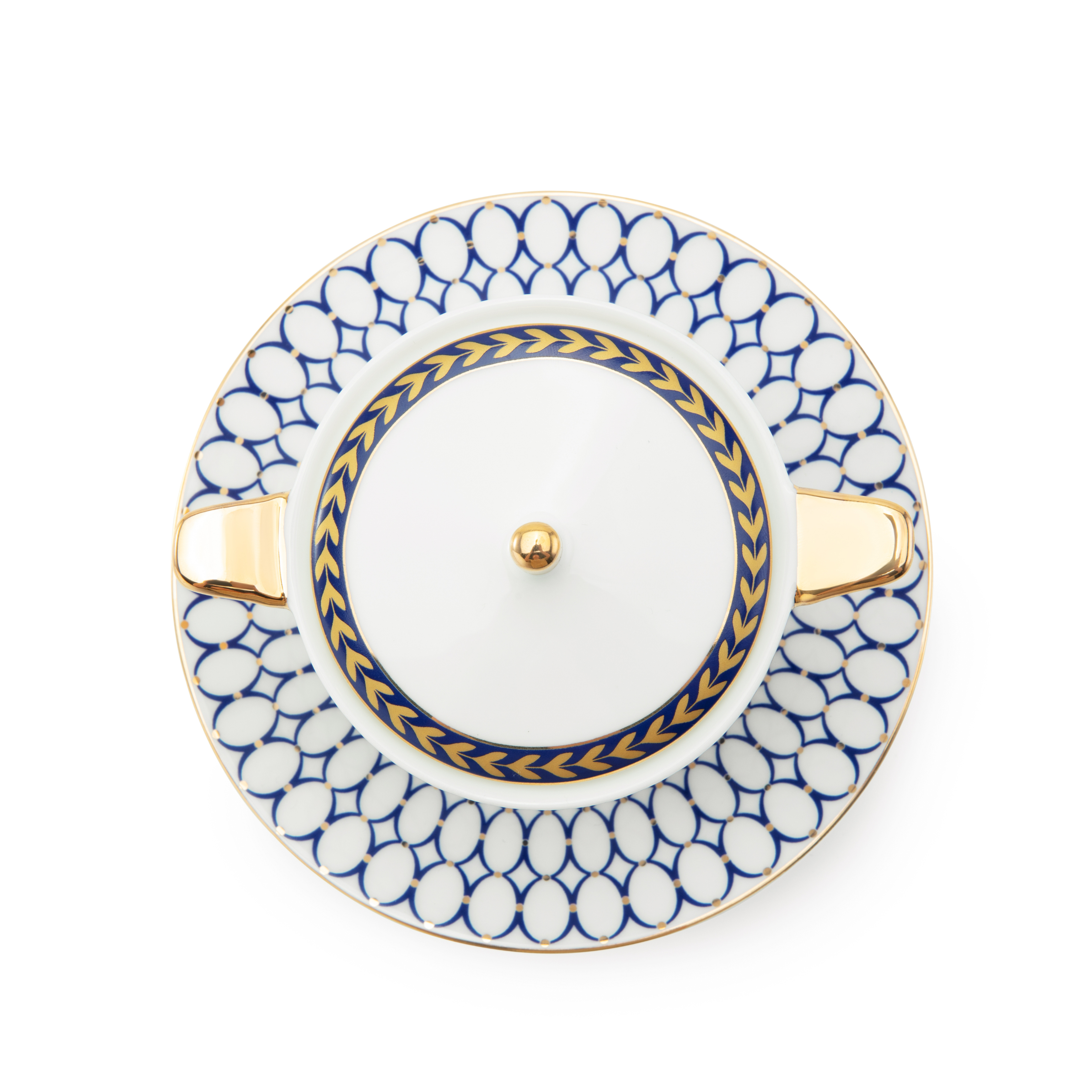 White Sugar bowl with blue decorative band and gold accents on a white blue saucer