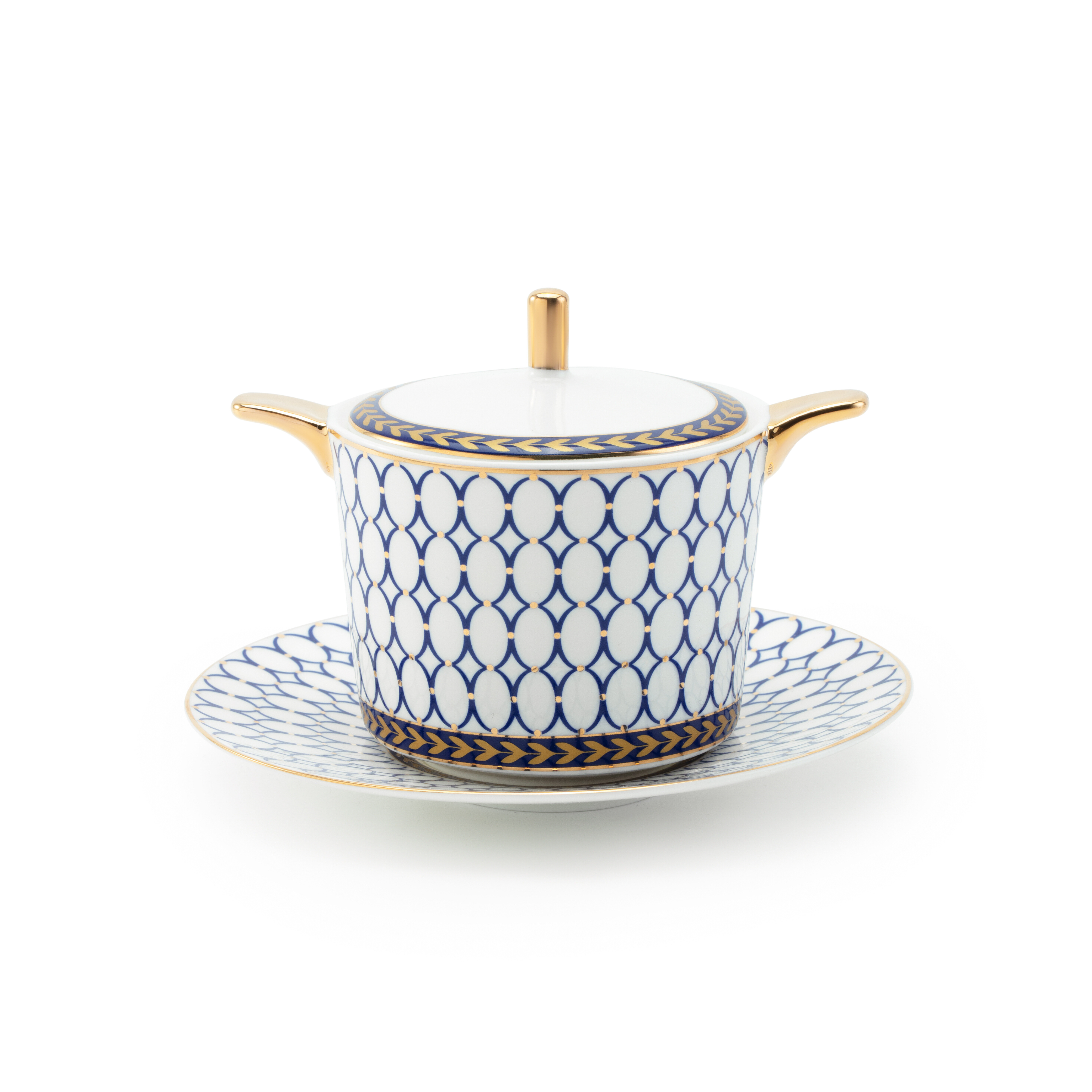 Sugar Bowl with blue decorative motif and gold accents on a Saucer