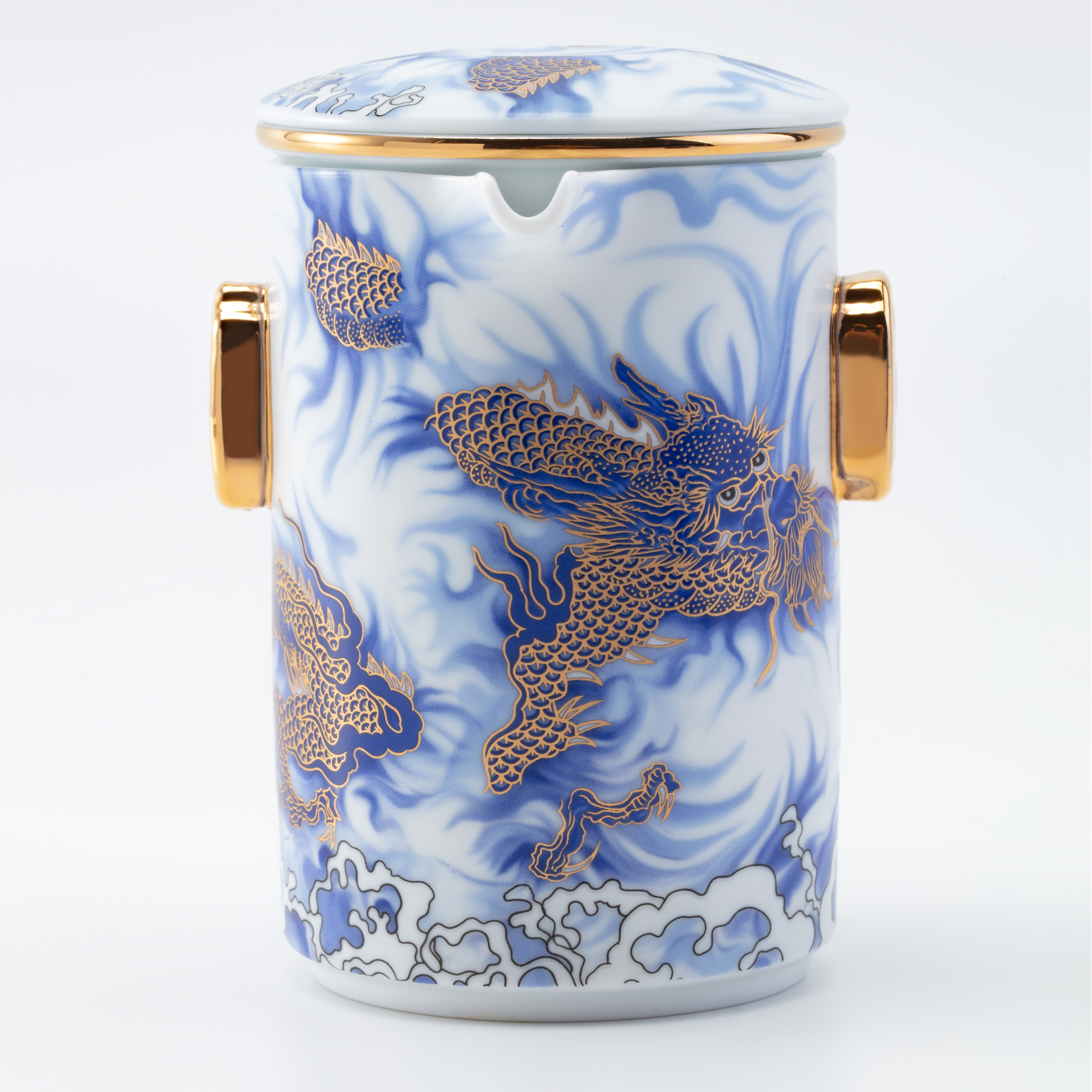 Ceramic jar with gold dragon design on a white background