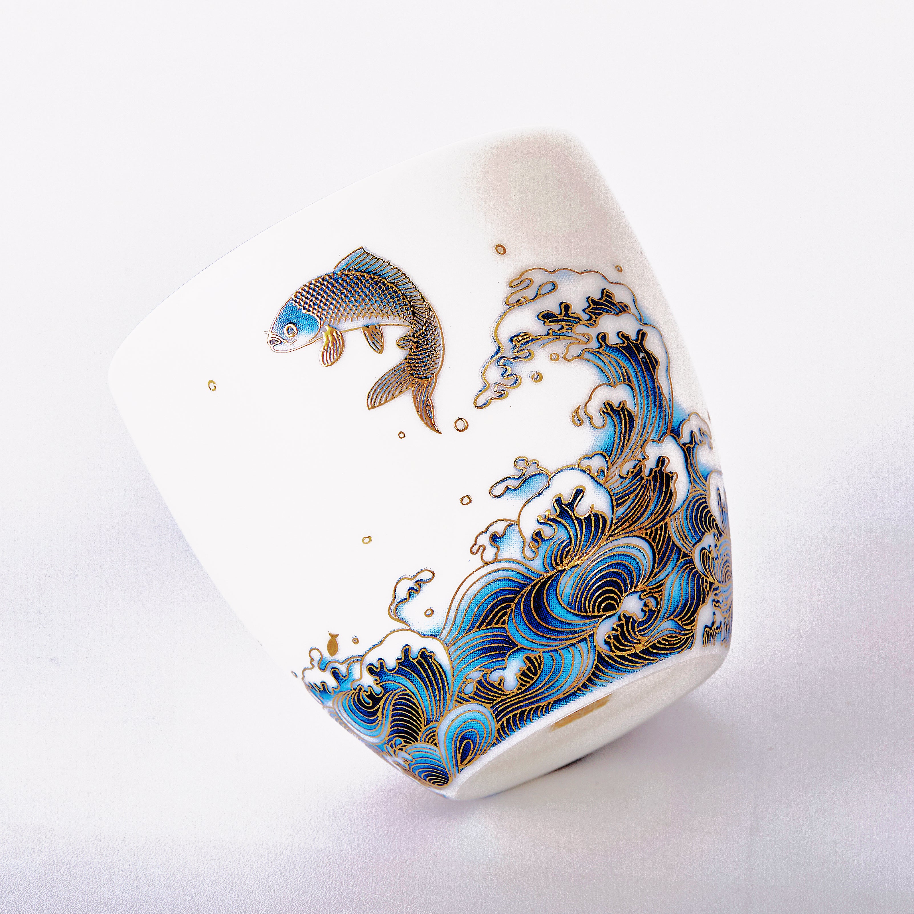 Porcelain Koi & Wave Cup Set — Dance of Water and Gold - Blissful Reserve