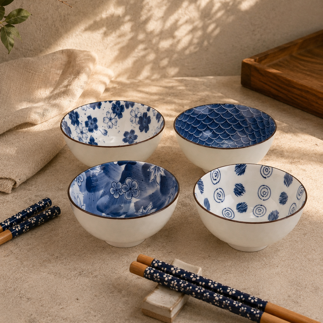 Set of four ceramic bowls with blue patterns on a beige surface with wooden chopsticks.