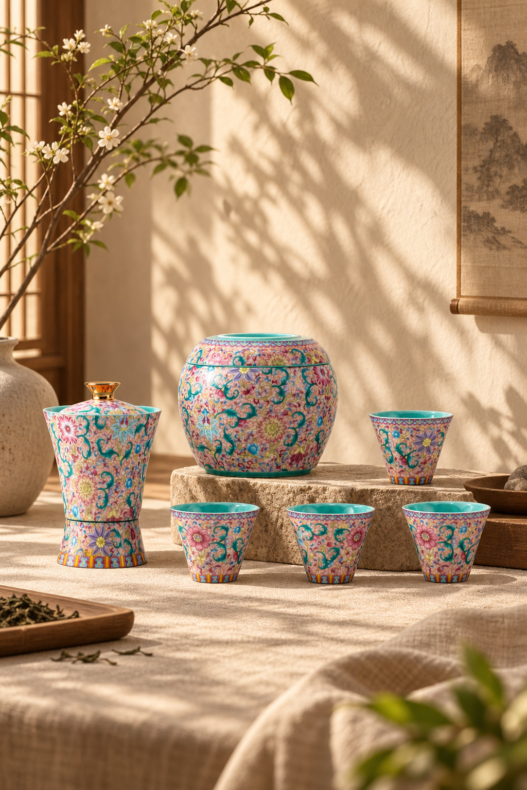Imperial Famille Rose Beauty Vase Kungfu Tea Set