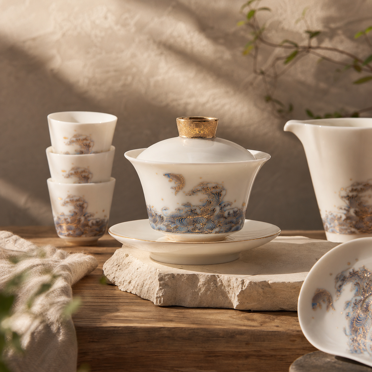 Celestial Ascent: Dragon’s Gate — Handcrafted Mutton-Jade Porcelain Kungfu Tea Set