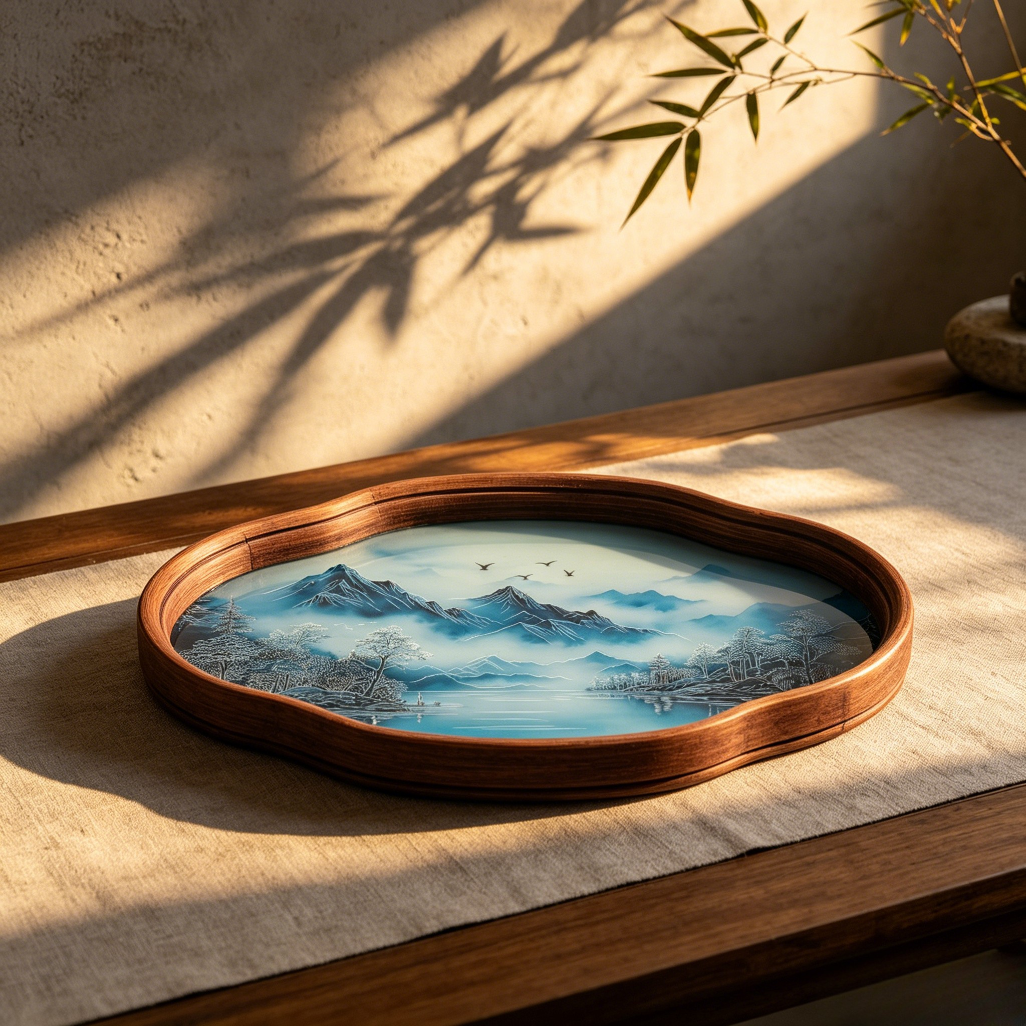 Wooden frame with a landscape painting on a textured surface with a plant in the background