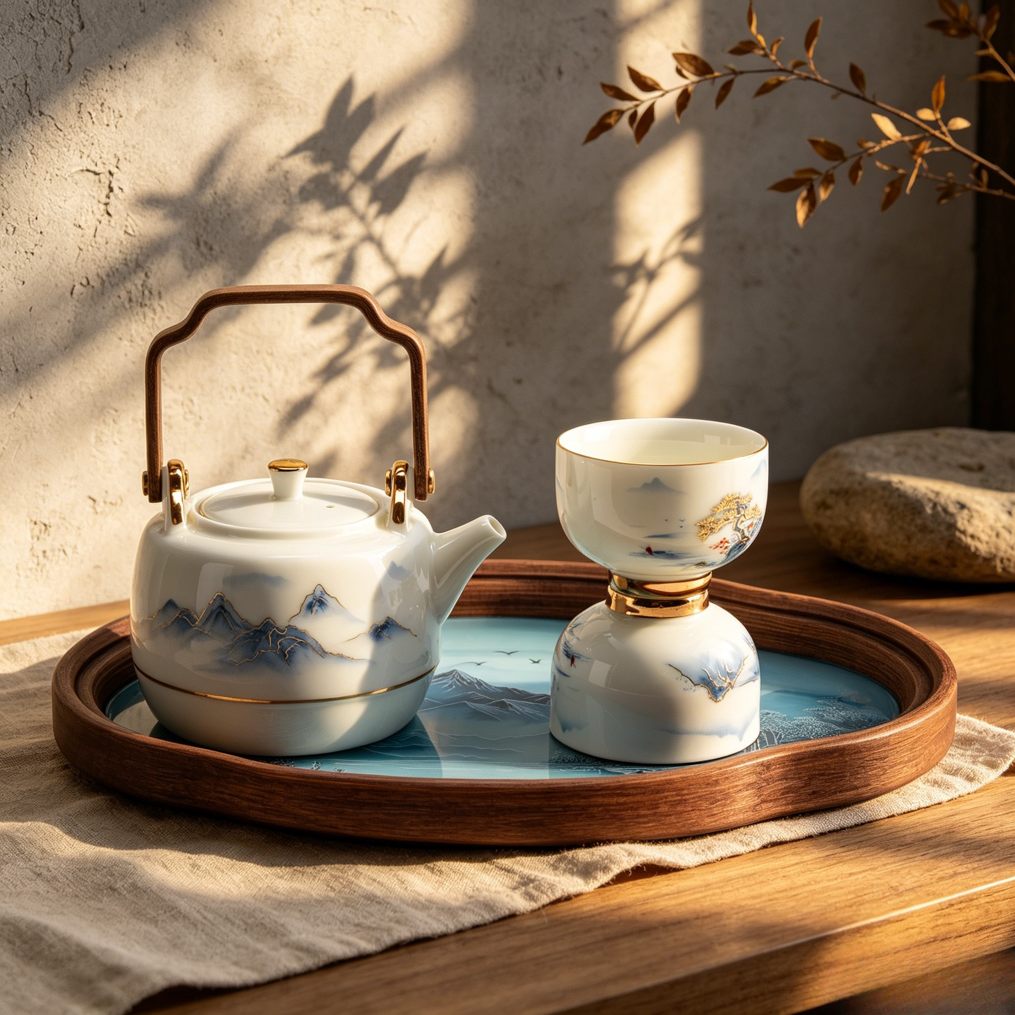 Imperial Spring Porcelain Wooden Handle Teapot Set
