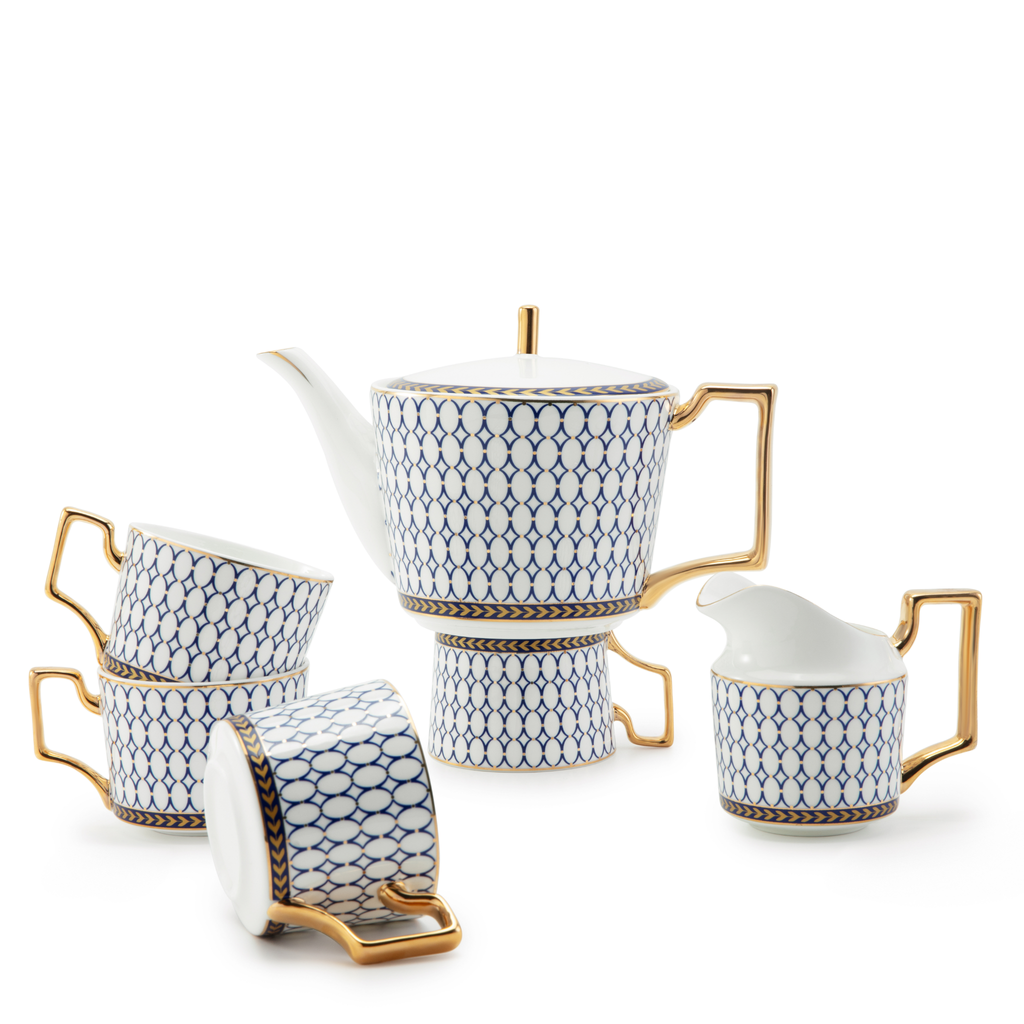 Tea set with geometric pattern on a white background