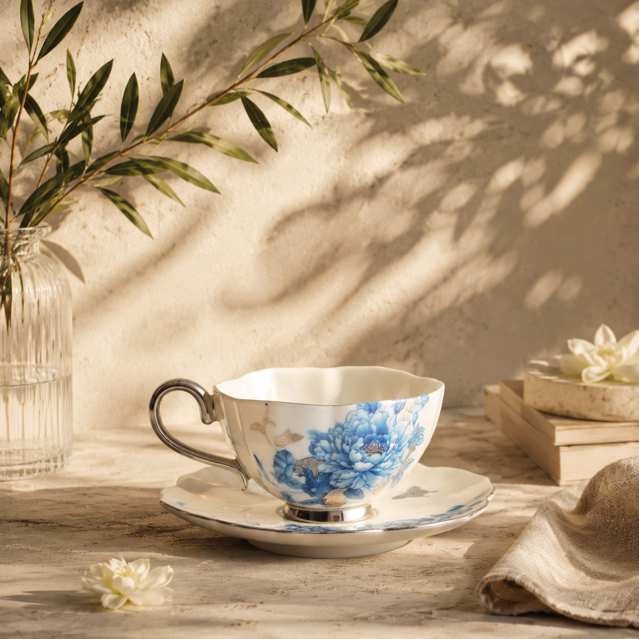 Peony Ice Jade Teacup and Saucer Set