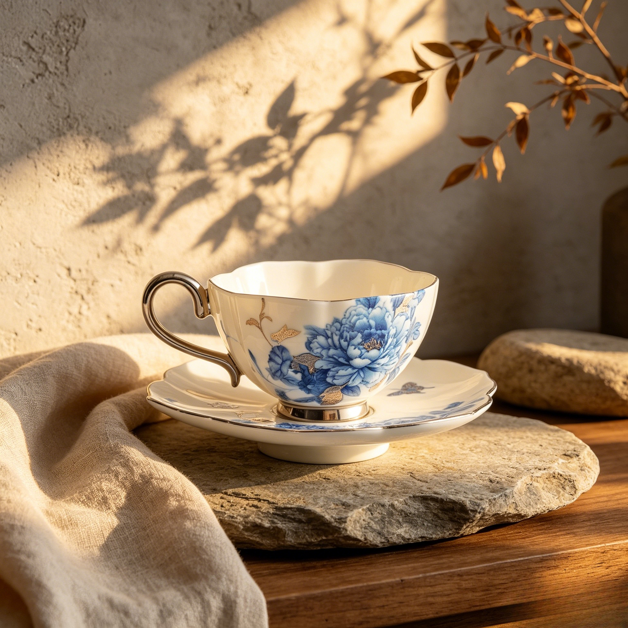 Peony Ice Jade Teacup and Saucer Set
