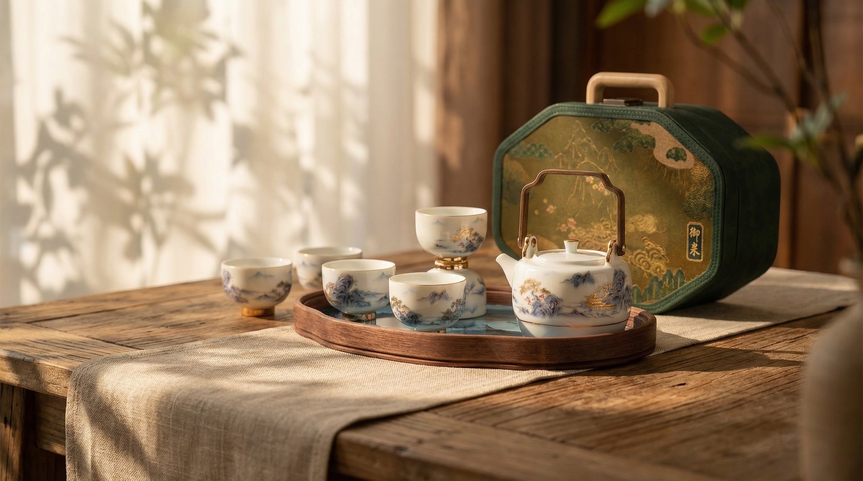 Imperial Spring Porcelain Wooden Handle Teapot Set
