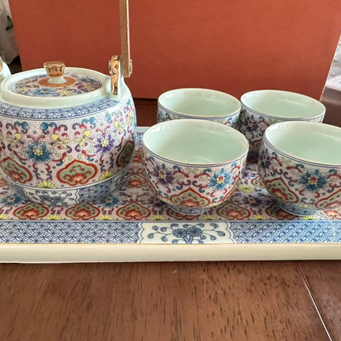 Regal Bloom Enamel Tea Set with Tray - Blissful Reserve